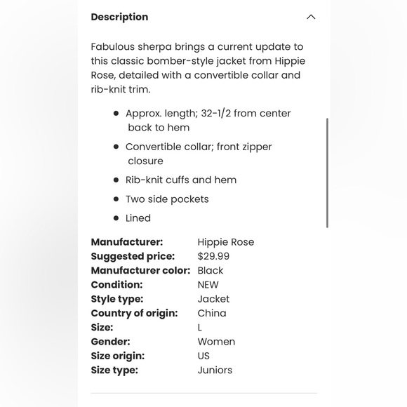 *BLACK* NWT, HIPPIE ROSE, JUNIORS, SHERPA JACKET - Picture 6 of 11